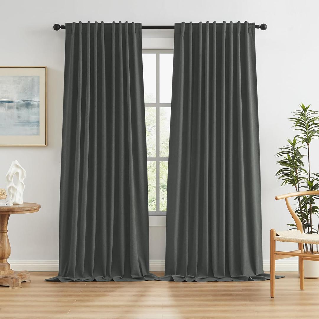 KEQIAOSUOCAI Grey Pleated Curtains 2 Panels Set, Full Blackout Linen Curtain Drapes for Living Room Bedroom 96 Inches Long (72 Inch Wide Each Panel, 1 Pair) Back Tab Rod Loop Pocket