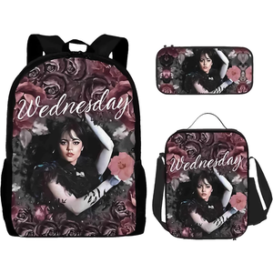 3pcs Girls Backpack with Insulated Lunch Bag Pencil Case For Girls Boys School Backpack Large Capacity Backpack Set (Wednesday)