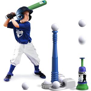 QDRAGON 2 in 1 T Ball Sets for Kids 3-5 5-8, Tee Ball Set with Automatic Pitching Machine/Adjustable Batting Bat & Stand/6 Balls, Baseball Toys Outdoor Sport for Toddlers Boys, Blue, Large
