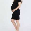 Motherhood Maternity Women's V-Neck Short Sleeve Side Ruched Bodycon Mini Pregnancy Dress (Black, L)