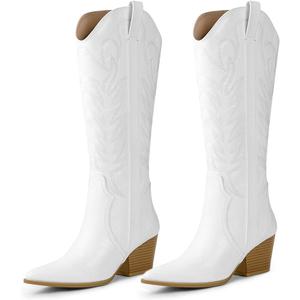 Arromic Cowboy Boots for Women Comfortable Womens Embroidered Western Cowgirl Knee High Boots Pointed Toe Zipper Chunky Heel Country Outfit Retro Tall Boots 9.5