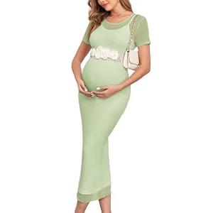 AISWI 2 Piece Maternity Mesh Dress Short Sleeves Round Neck Bodycon Pregnancy Dresses Baby Shower Photoshoot Wedding, Short Sleeves, Sage Green, Small