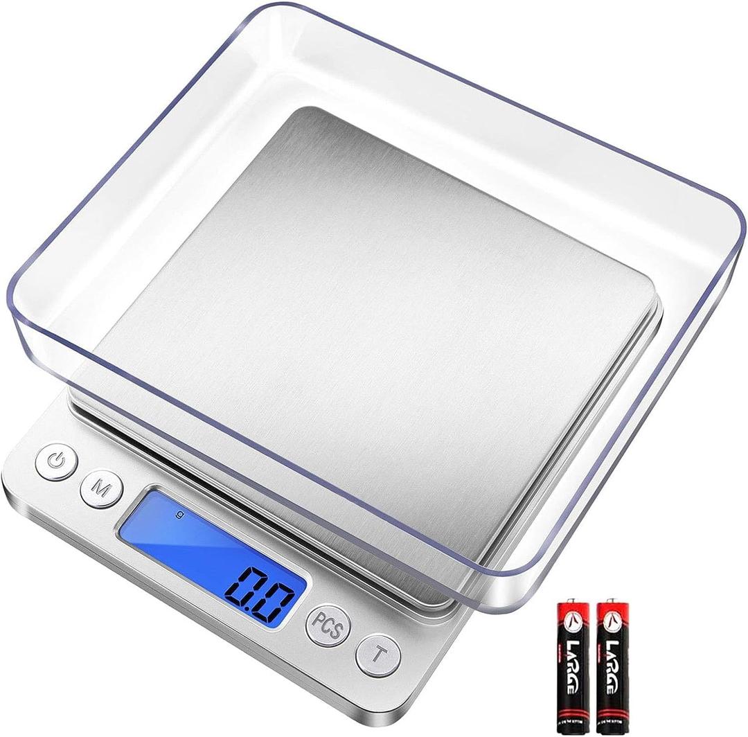 Fuzion Digital Kitchen Scale 3000g/ 0.1g, Pocket Food Scale 6 Measure Modes, LCD, Tare, Digital Scale Grams and Ounces with 2 Trays for Food, Cooking, Nutrition, Reptiles(Battery Included) (Silver)