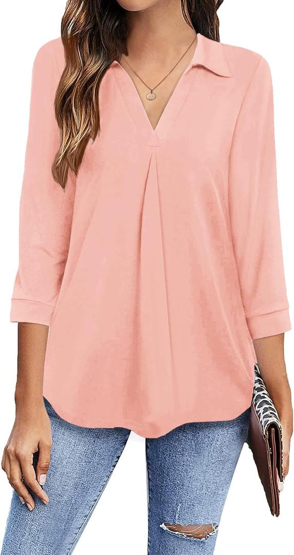 Newchoice Womens Collared V Neck 3/4 Sleeve Shirts Business Casual Tops Loose Work Blouses (S-3XL) (Large, Pink)