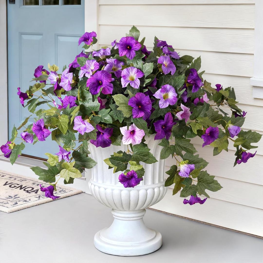 2PCS Artificial Petunia Flowers for Outdoors, Fake Flowers for Outdoor Planters UV Resistant Faux Silk Petunias for Garden Porch Yard Balcony Patio Realistic Home Kitchen Decor(Double Purple)