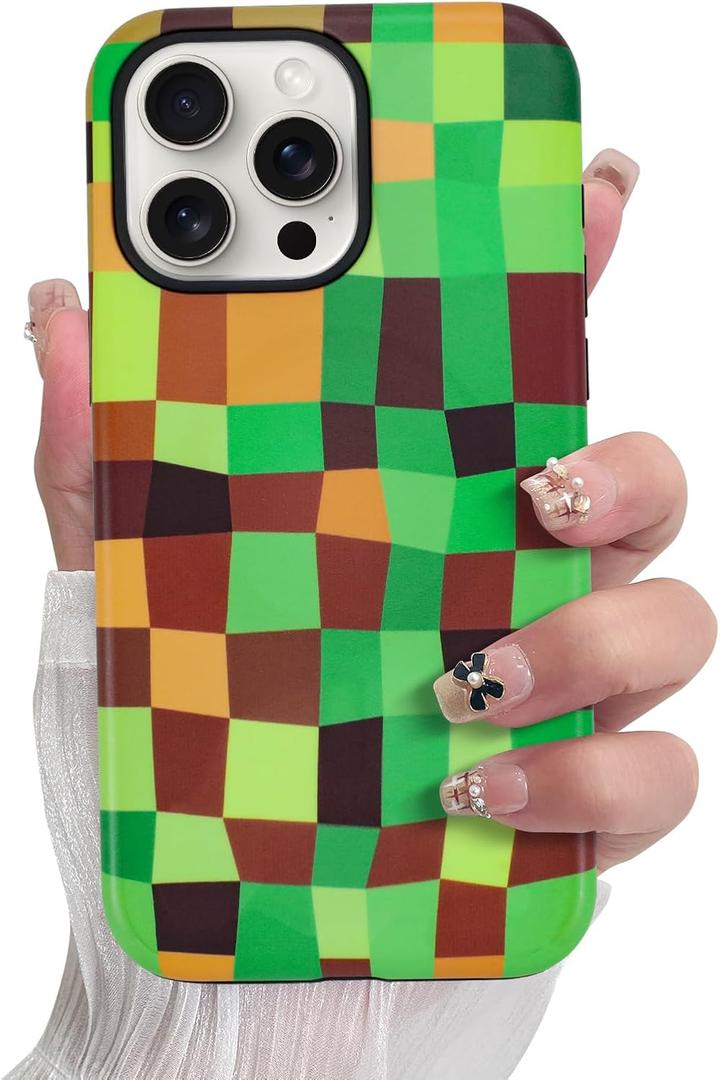 SOKAD Magnetic Checkered Phone Case for iPhone 15 Pro Max, Cute Plaid Grids Checkerboard Pattern Compatible with Magsafe Matte Protective Case with Screen Protector for Girls Women, Brown Green
