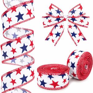 KINGLAKE 250th Anniversary Patriotic Wired Ribbon - 1-1/2 Inch x 22 Yards Red White and Blue Burlap Ribbon 4th of July Star Ribbons for Wreath Crafts Independence Day Memorial Day Veterans Day Decor