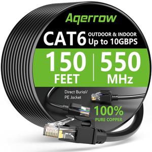 Aqerrow Cat6 Ethernet Cable 150FT, Outdoor Direct Burial Cat 6 Cable 24AWG High Speed Up to 10Gbps, 550MHz LLDPE (PE) UV-Resistant Waterproof RJ45 Network Internet Cable with 60 Ties for Router, Black