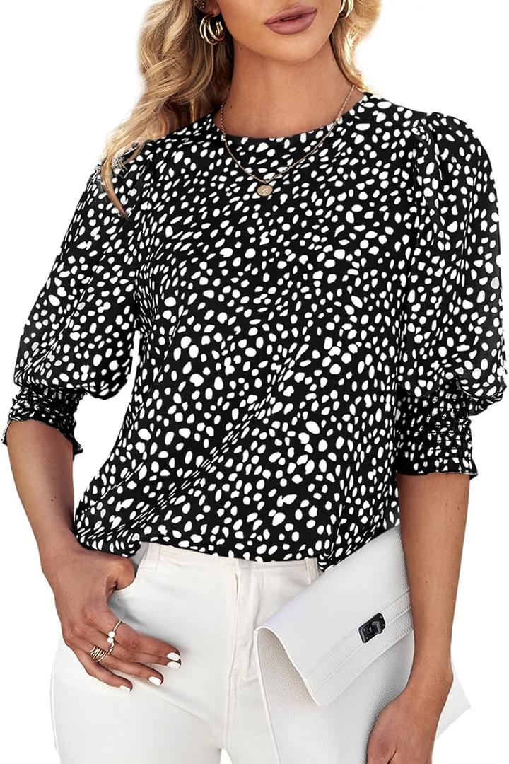 Teurkia Women's Polka Dot 3/4 Sleeve Blouse Tops Ladies Casual Office Work Crew Neck T-Shirt, M