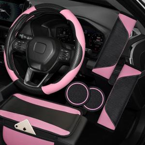 Hiseanllo 6PCS Pink Car Accessories Set, Carbon Fiber Microfiber Leather Steering Wheel Cover 14.5-15", Center Console Armrest Cover, Seat Belt Pads & Cup Holder Coasters, Universal Interior Decor