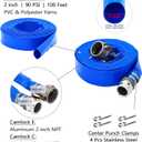 2" ID x 100 ft PVC Lay Flat Discharge Hose with Aluminum Camlock C and E Fittings, Cam Lock Fitting Type F included, Heavy Duty Reinforced Blue Backwash Pump Hoses for Swimming Drain Pools