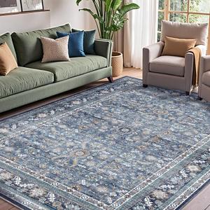 OPPODREAM Vintage Blue Area Rugs 10x14, 10 x 14 Retro Washable Rug Non Slip, Low-Pile Faux Wool Carpet, Distressed Navy Floor Mat for Living Room, Bedroom, Office, Dorm, Dinning Room, Big & Large