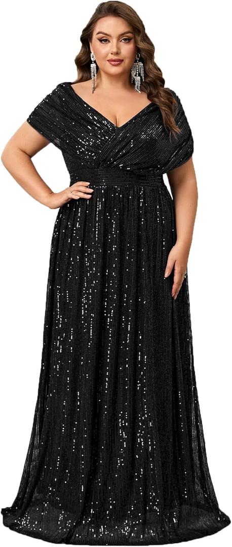Giffniseti Women's Plus Size V Neck Sequin Formal Maxi Dress A-Line Prom Evening Party Gowns, XL, Back