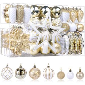 SHareconn 106PCS Christmas Balls Ornaments Set, Colorful Shatterproof Plastic Decorative Baubles for Xmas Tree Decor Holiday Wedding Party Decoration with Hanging Hooks, Gold &White
