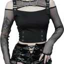 Goth Crop Top for Women Aesthetic Emo Shirts Casual Tops for Women Long Sleeve Punk (Black) Large