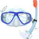 Youth Snorkel Set for Ages 7-16, Snorkeling Gear for Kids with Panoramic View Mask Anti-Fog Anti-Leak Full Dry Top Snorkel Fins Travel Bag for Swimming Diving (Sea Sky Blue)