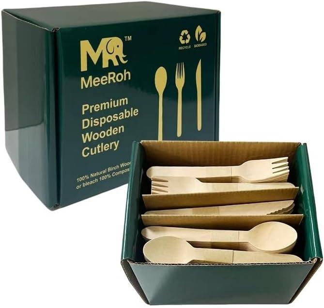 MeeRoh 300 Pcs Wooden Utensil Set  Heavy Duty Disposable Silverware  Eco Friendly Wood Utensils Set for Parties & Weddings  Compostable Birch Wood Forks Spoons Knives  Biodegradable Cutlery
