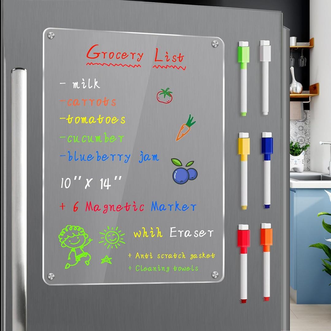 Acrylic Magnetic Dry Erase Board for Fridge 10"x14" Clear Acrylic Magnet Board for Refrigerator, Includes 6 Colors Magnetic Markers, (Clear Blank)