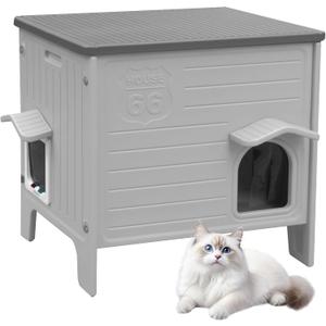 Deblue Cat House Outdoor Weatherpoof Plastic Cats Houses with Escape Door Indoor Waterproof Feral/Pet Cat Shelter Outside for Puppy, Rabbit(Grey)