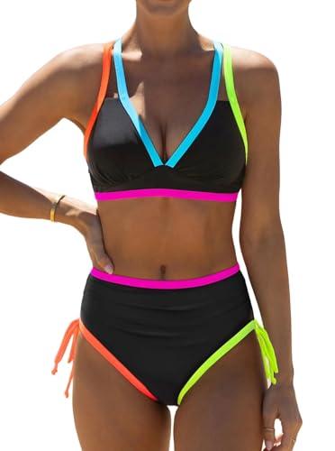 popvil High Waisted Bikini Sets for Women Tummy Control Swimsuits Neon Swimwear Bathing Suit Medium