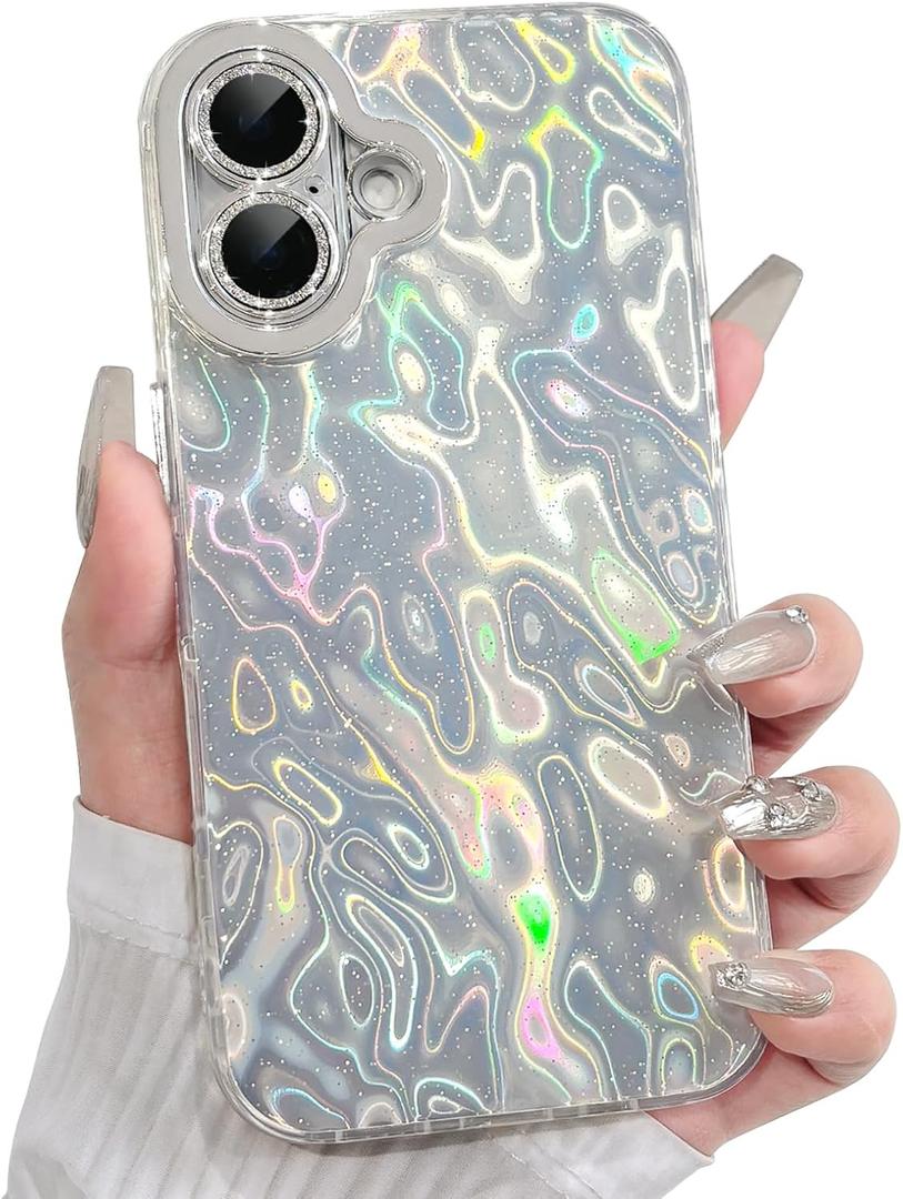 Lovmooful Compatible for iPhone 16 Case Cute Sparkle Pleated Texture with Glitter Lens Protector Design Bumper Protector for Girls Women Soft TPU+PC Shockproof Protective Girly-Silver