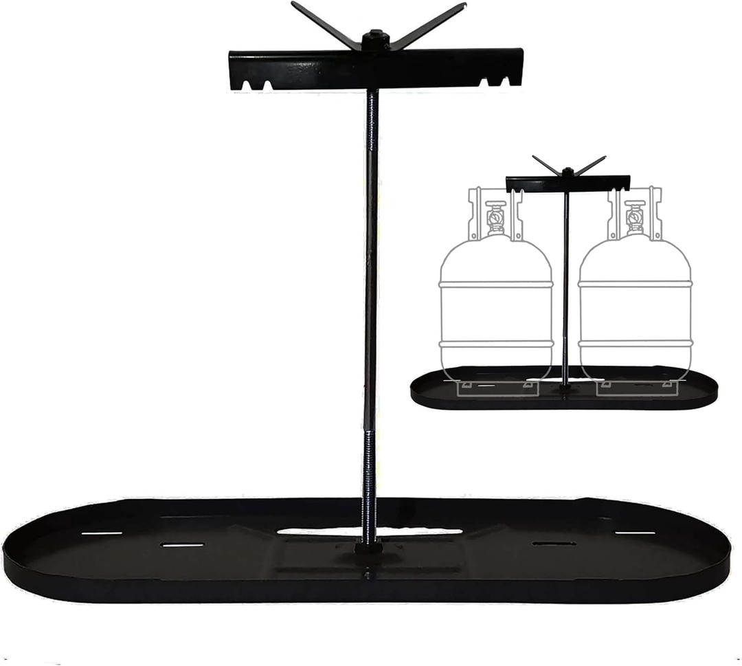 RV Dual Propane Tank Cylinder Rack for Camper and Travel Trailer for 20lb Tanks, All Parts Black for Bottom Tray, Vertical Bar, Securing LP Wing Nut, and Connecting Bar-All Parts Black