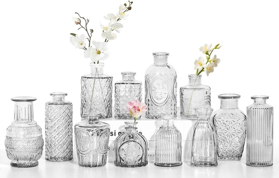 12pcs Mini Bud Vases As Wedding Centerpieces for Tables,Clear Bud Vases for Flowers,Small Flower Vases Suitable for Birthday Party,Anniversary,Wedding Reception,Baby Shower (Clear)
