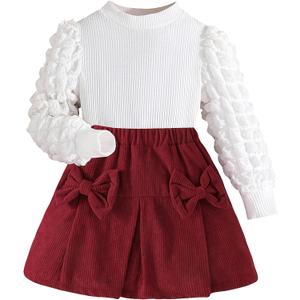 Toddler Girls Clothes Sets: Puff Sleeve Tops Plaid Mini Skirts Skirt Set 2 Piece Fall Winter Outfits 2-8 Years (5T, Wine Red)