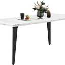 FurnitureR Dining Table 62.9 Inch for 4-6 Person with Sturdy Faux Marble Print Tabletop and Metal Steel Legs, Stylish Rectangular Functional Table for Kitchen Dining Room, Marble White