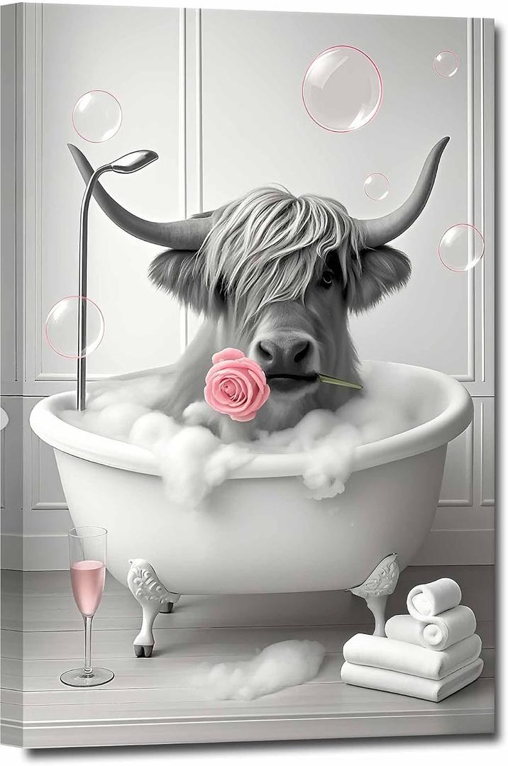 ZHIYYHAO Black and White Wall Art Highland Cow in Bathtub Canvas Wall Art Framed Funny Cow with Roses Graffiti Highland Cow Paintings Canvas Prints for Hallway Decor Bedroom Living Room Nursery Home Decor （A-8，24.00L" X 16.00W''）
