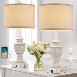 Farmhouse 3Way Dimmable Touch Table Lamp Set of 2 for Bedroom Living Room with USB A+C Charging Ports 28" Tall Rustic Traditional Nightstand Bedside Lamps White End Table Lamp (2 Bulbs Included)