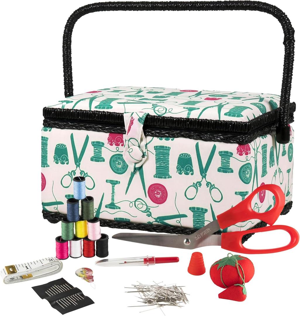 SINGER 07271 Basket with Sewing Notions Kit & Removable Tray-Vintage Spools, Tan