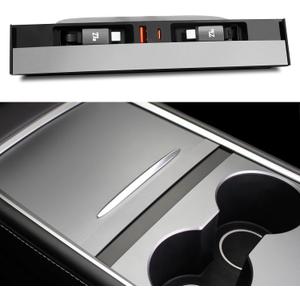 Car USB Hub Charger for Tesla with 2 Type-C 27W Fast Charging Retractable Cables for Model Y 2021-2024 & Model 3 2021-2023,Multiport Center Console Phone Charger Docking Station Accessories