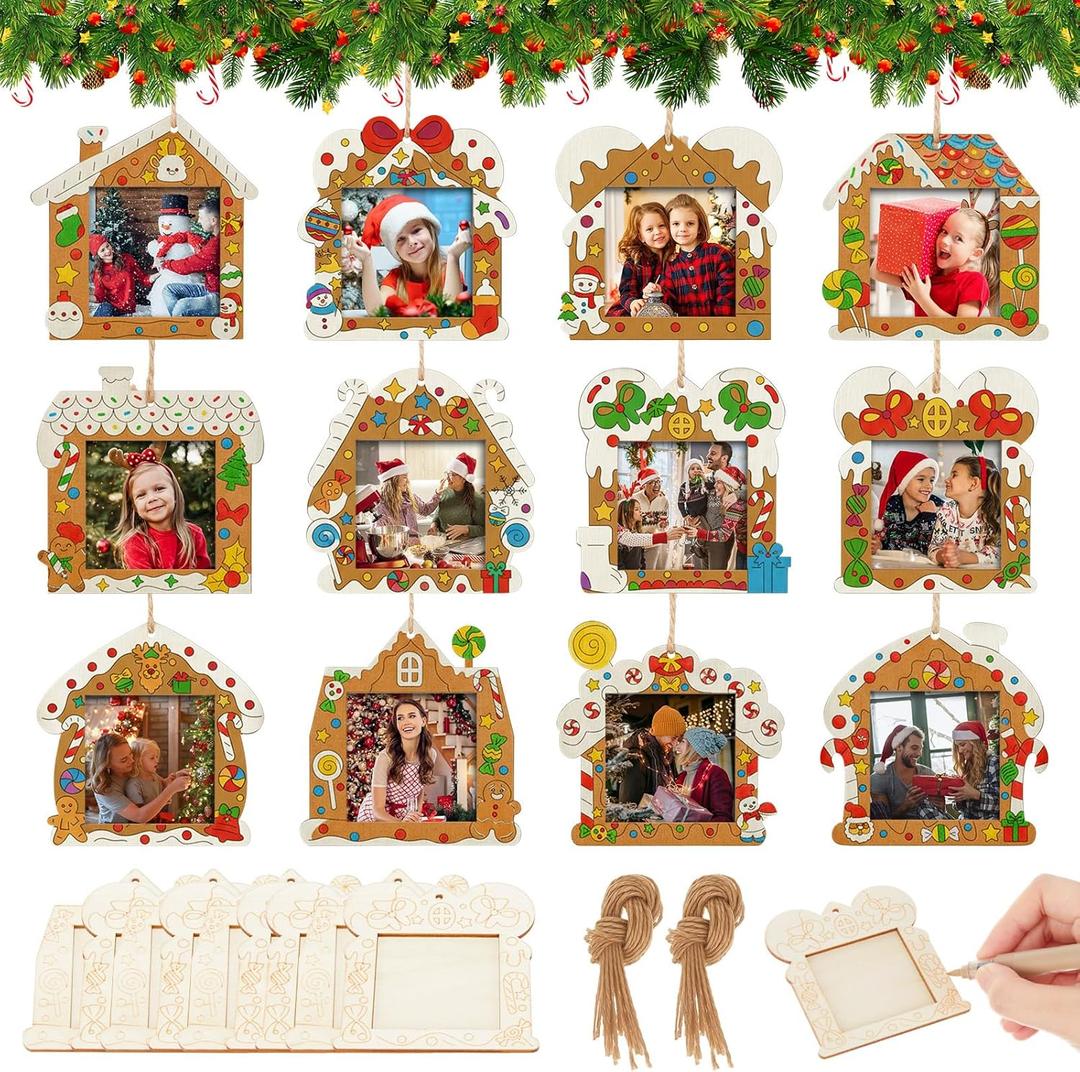 Thyle 36 Set Christmas Photo Frame Craft Kits DIY Wood Gingerbread House to Paint Ornaments Bulk Xmas Tree Hanging Picture Frames for Christmas Party Winter Activities Home Decorations Gifts