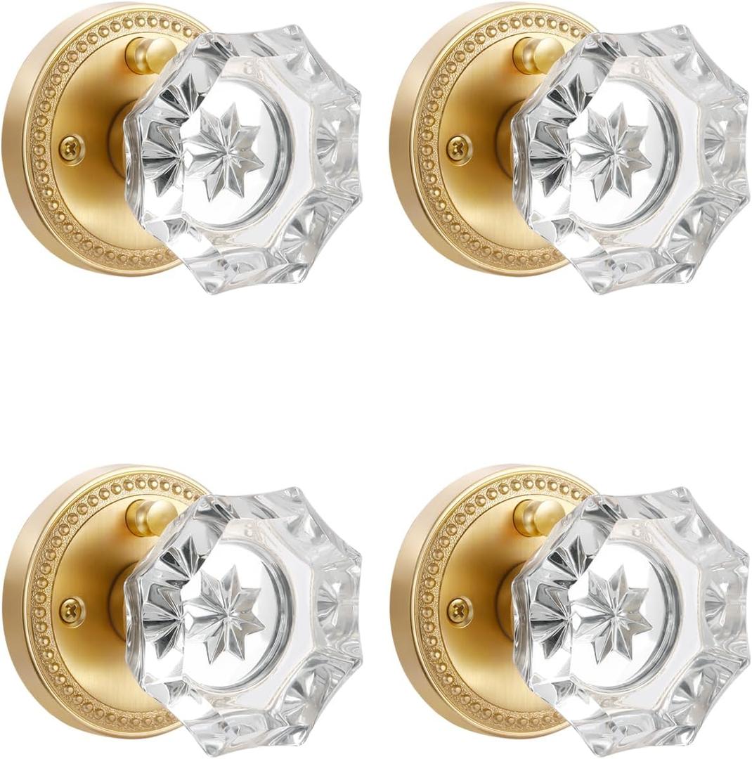 Gold Door Knobs Crystal Door Knob Interior Satin Brass Privacy Brushed Gold Door Knob for Bedroom and Bathroom Glass Door Handles,Zinc Alloy 4 Pack