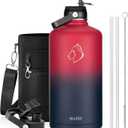 128oz Insulated Water Bottle, BUZIO Gallon Water Jug with Straw Lid and Carrying Sleeve (Cold for 48 Hrs) Stainless Steel Hydro Metal Canteen Water Flask, Ruby Red Navy