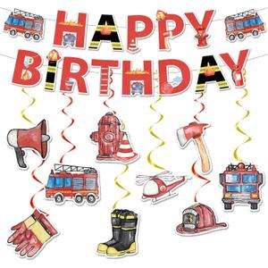 Firetruck Birthday Party Decorations - 11PCS Fire Truck Banners with Hanging Swirls Happy Bday Decoration Firefighter Decor Supplies for Fireman