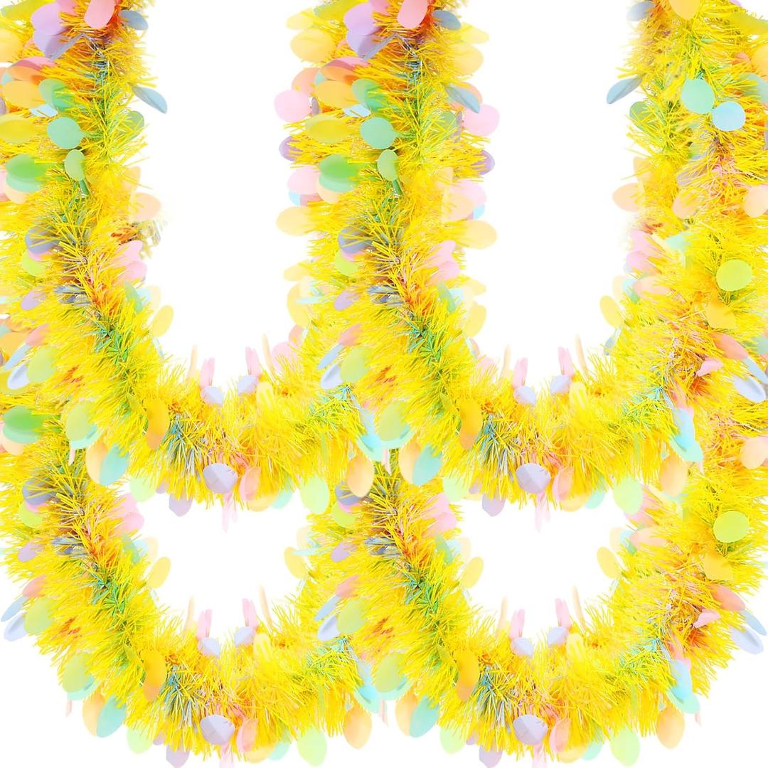 WILLBOND 32.8 Feet x 4 Inches Easter Tinsel Garland with Colorful Egg Decorations, Easter Metallic Garland Spring Glitter Twist Hanging Decorations for Party Decor