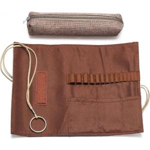 Traditional Aluminum Crochet Hooks Case, 14 Slots Roll-up Crochet Hook Organizer with a Detached Zipper Bag (Beige-Orange)