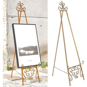 18.25"L x 25.5"W x 55"H Metal Scroll Extra Large Free Standing Adjustable Display Stand Easel with Chain Support, Heavy Duty Easel for Sign, Wedding, Picture Frame, Mirror, Gold (No Assembly Required)