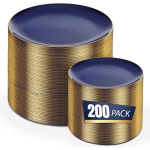 bUCLA 200PCS Blue Plastic Plates - Navy Blue Disposable with Gold Rim Include 100 Each (10 inch Dinner & 7 inch Dessert) Plates, Ideal for Party, Gathering and Hanukkah
