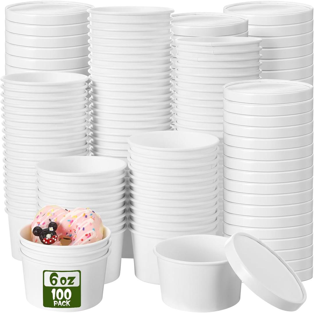 Fulmoon 100 Pack Paper Soup Containers with Lids Disposable Paper Food Containers with Vented Lids Kraft Ice Cream Bowls Soup Cup Ice Cream Cups for Restaurants(6 oz,White)