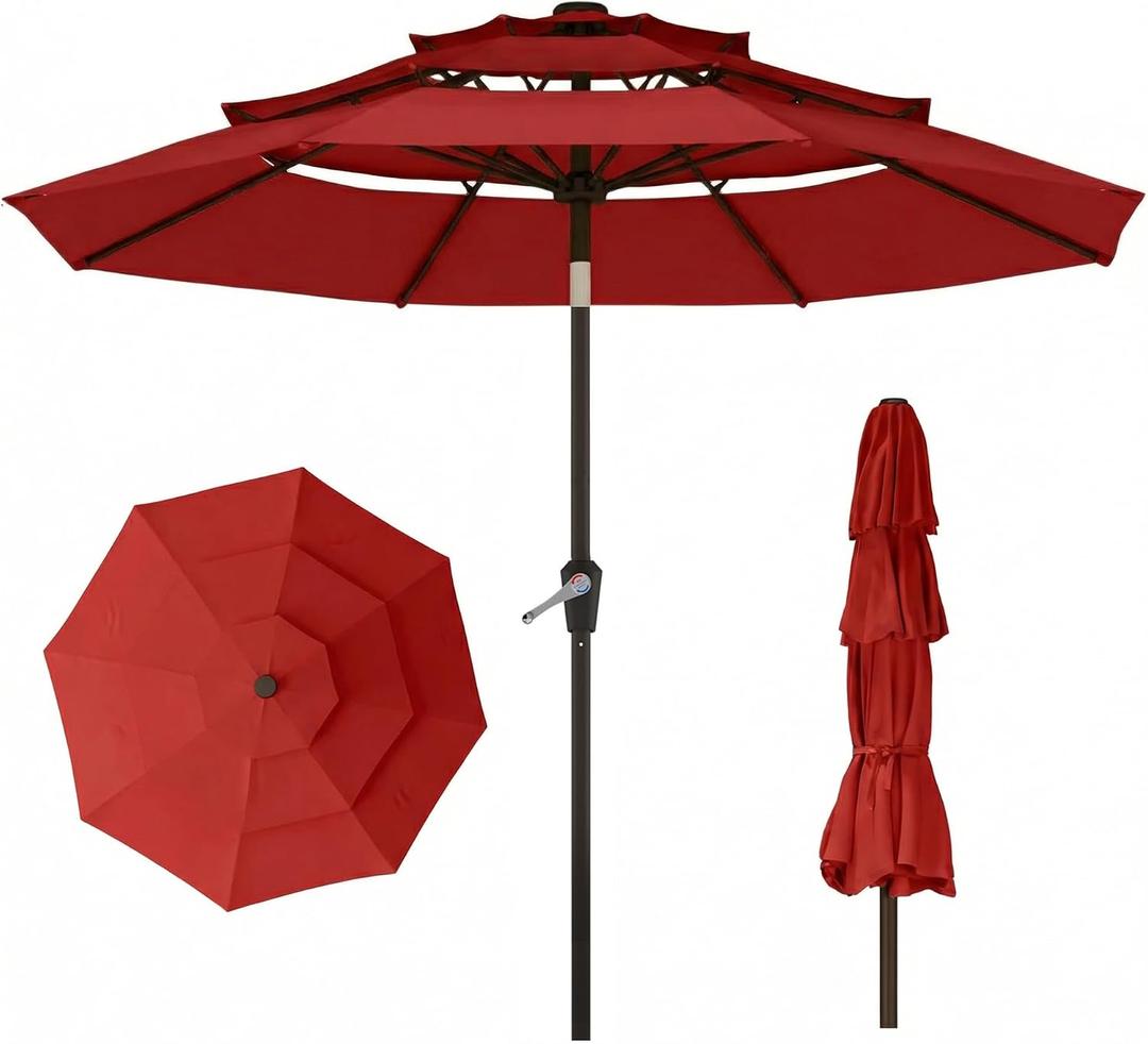 10ft 3 Tier Patio Umbrella, Outdoor Market Table Umbrella with UPF 50+ Vented Canopy, 8 Sturdy Ribs, Easy Push Button Tilt and Crank, Windproof for Deck, Pool, Backyard and Garden