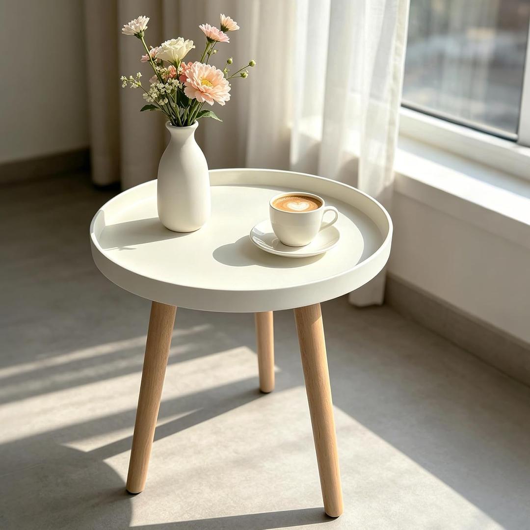 Side Table,Small Round End Coffee Table,Minimalist Tray Top,White, 1-Tier