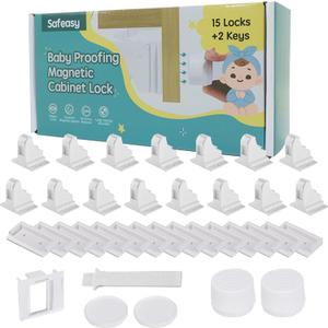 15 Pack Magnetic Cabinet Locks Baby Proofing - Safeasy Child Safety Latches for Cabinets, Drawers & Cupboards - Quick-Adhesive Installation (15 Locks + 2 Keys)