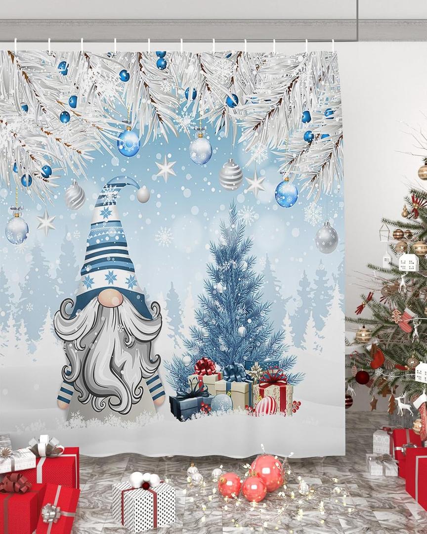 Christmas Gnome Shower Curtains for Bathroom, Christmas Tree Shower Curtain Set with Hooks Blue Snowy Waterproof Fabric Bathroom Curtains for Showers Bathtubs Winter Holiday Bath Decoration 72x72inch