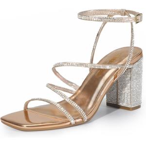DREAM PAIRS Women's Heels Chunky Block Strappy Square Open Toe Ankle Buckle Heeled Sandals Wedding Party Dress Shoes Indie (7, Rose Gold-rhinestone)
