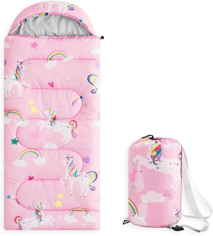Wake In Cloud - Kids Sleeping Bag for Girls Toddlers, Camping in Warm Cold Weather, Backpacking Lightweight Compact Outdoor Liner for 3 Seasons Summer Spring Fall, Unicorn Rainbow Pink, Standard 61″x26″