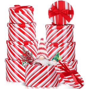 Zhanmai Red White Christmas Nesting Boxes Set of 8, Stackable Round Gifts Box with Lids for Present in 4 Assorted Sizes Candy Cane Box Tower Decor for Present Wrapping Holiday Party Supplies