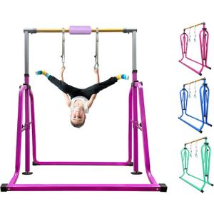 kechery Foldable & Moveable Gymnastics Horizontal Bar with Rings, 3’to 5’Adjustable Height Expandable Junior Kip Bar for Home, Indoor Gym Equipment for Kids (Foldable Purple with Rings)
